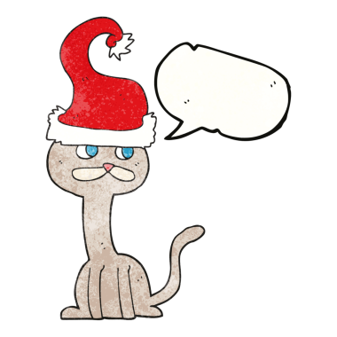 Bir insan tarafından çizilmiş Noel şapkası takan bir çizgi film kedisi.