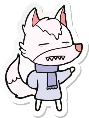 Bir insan tarafından çizilmiş kışlık giysili bir kurt çizgi film çıkartması.