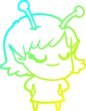 Bir insan tarafından çizilmiş gülümseyen uzaylı kız çizgi filmi.