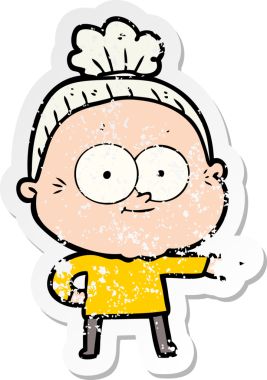 Bir insan tarafından çizilmiş mutlu, yaşlı bir kadının sıkıntılı çıkartması.