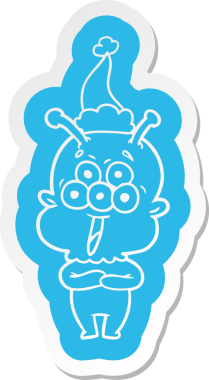 Bir insan tarafından çizilmiş Noel Baba şapkası giyen bir uzaylının komik çizgi film çıkartması.