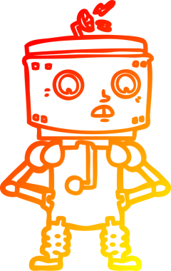 Bir insan tarafından çizilmiş kalça üzerinde elleri olan çizgi film robotunun sıcak çizgi çizimi