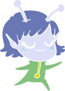 Gülümseyen uzaylı kız düz renkli çizgi film bir insan tarafından çizildi.