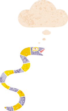 Düşünce baloncuklu çizgi film yılanı grunge dertli eski moda bir insan tarafından çizilmiş.