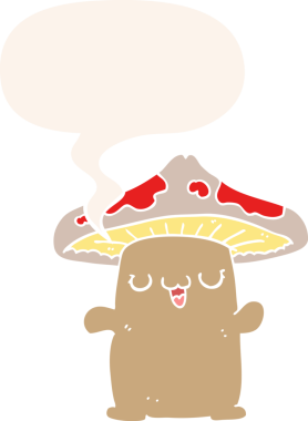 bir insan tarafından çizilmiş, konuşma baloncuğu olan mantar mantarlı bir yaratık.