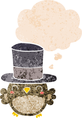 Düşünce baloncuklu silindir şapkalı bir baykuş grunge 'da sıkıntılı eski moda bir insan tarafından çizilmiş.