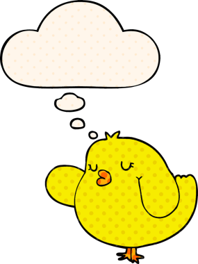 Çizgi roman tarzında düşünce baloncuğu olan çizgi film kuşu insan tarafından çizilmiş.