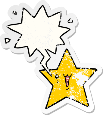 Konuşma baloncuğu olan mutlu çizgi film yıldızı bir insan tarafından çizilmiş sıkıntılı eski bir çıkartma