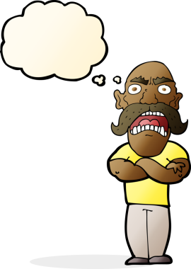 Bir insan tarafından çizilmiş düşünce baloncuğu olan kızgın bir adam.