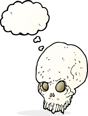 Bir insan tarafından çizilmiş düşünce baloncuklu garip kafatası.