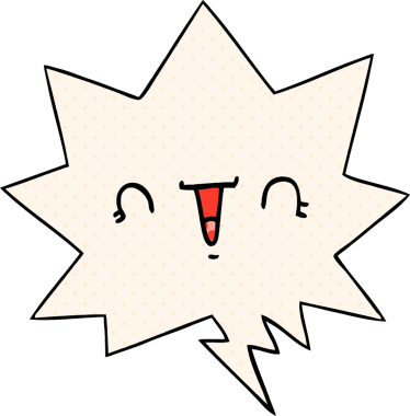 Bir insan tarafından çizilmiş çizgi roman tarzında konuşma baloncuğu olan mutlu bir çizgi film yüzü.