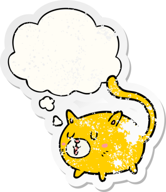 Düşünce baloncuklu çizgi film mutlu kedi bir insan tarafından çizilmiş yıpranmış bir çıkartma gibi