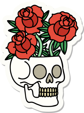 Bir insan tarafından çizilmiş, geleneksel bir kafatası ve gül stili dövme çıkartması.