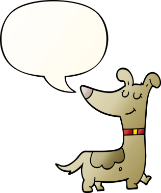 Bir insan tarafından çizilmiş, konuşma baloncuklu çizgi film köpeği.