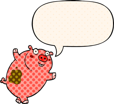 Bir insan tarafından çizilmiş çizgi roman tarzı konuşma balonlu komik bir domuz.