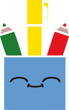 Bir insan tarafından çizilmiş bir kalem tenceresinin düz renkli retro karikatürü