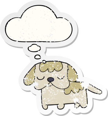 Düşünce baloncuğu olan sevimli bir çizgi film köpeği. Bir insan tarafından çizilmiş yıpranmış bir çıkartma gibi.