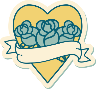 Geleneksel kalp stili dövme çıkartması ve bir insan tarafından çizilmiş çiçekli pankart.