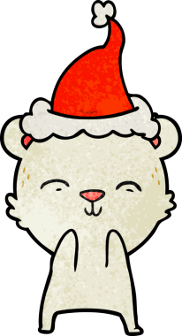 Bir insan tarafından çizilmiş Noel Baba şapkası giyen bir kutup ayısının çizilmiş mutlu el çizimi karikatürü.