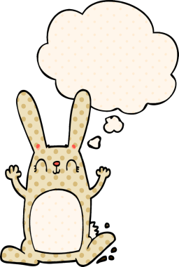 Çizgi roman tarzında bir insan tarafından çizilmiş düşünce kabarcığı olan çizgi film tavşanı.