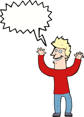 Bir insan tarafından çizilmiş konuşma balonuyla heyecanlı bir adam.