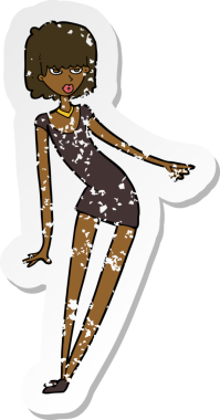 Bir insan tarafından çizilmiş, giysili bir karikatür kadının gerilmiş çıkartması.