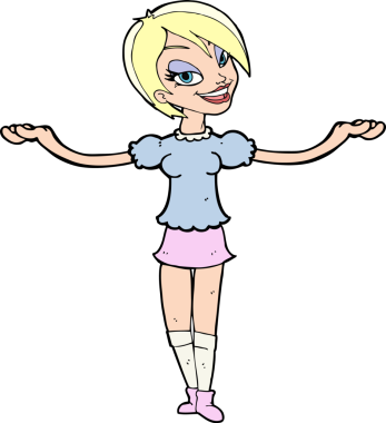 Çizgi filmdeki kadın bir insan tarafından çizilmiş açık kollu jest yapıyor.