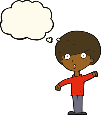 Bir insan tarafından çizilmiş düşünce balonuyla şok olmuş bir çocuk.