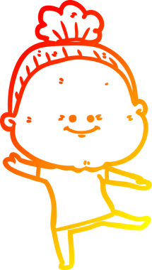 Bir insan tarafından çizilmiş mutlu, yaşlı bir kadının sıcak çizgi çizimi.