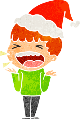 Bir insan tarafından çizilmiş Noel Baba şapkası giymiş gülen bir adamın el çizimi karikatürü.