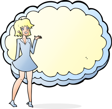 Karikatür dostu kadın bulutların önünde duruyor. Bir insan tarafından çizilmiş metinler için yeri var.