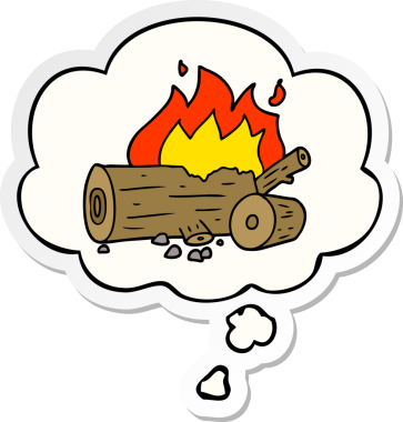 Düşünce baloncuklu çizgi film kamp ateşi insan tarafından çizilmiş bir çıkartma gibi.