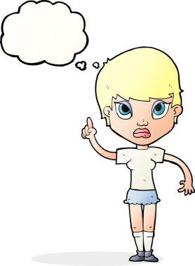 Bir insan tarafından çizilmiş düşünce baloncuğu fikri olan çizgi film kızı.