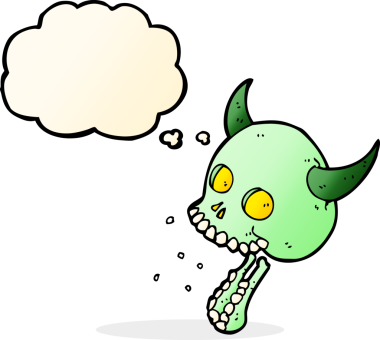 Bir insan tarafından çizilmiş düşünce baloncuklu garip kafatası.