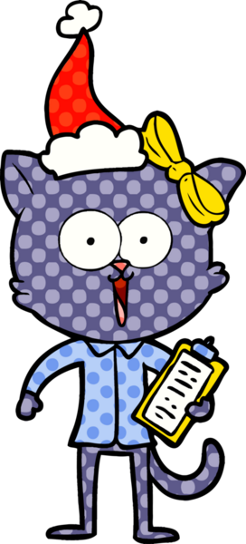 Bir insan tarafından çizilmiş Noel Baba şapkası takan bir kedinin el çizimi çizgi roman tasviri