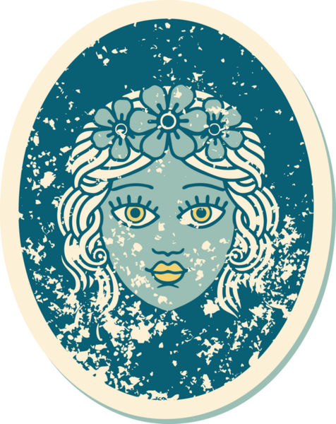 Bir insan tarafından çizilmiş çiçek taçlı bir bakirenin sembolik dövmesi.