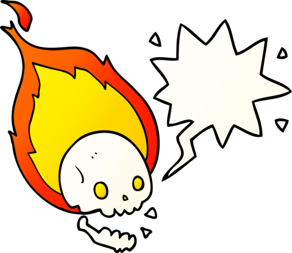 Bir insan tarafından çizilmiş, konuşma baloncuklu, ürkütücü, alevli bir kafatası çizgi filmi.