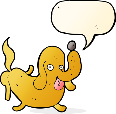 Bir insan tarafından çizilmiş konuşma baloncuğuyla dilini dışarı çıkaran çizgi film köpeği.