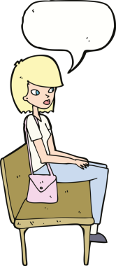 Bir insan tarafından çizilmiş konuşma balonuyla bankta oturan çizgi film kadını.