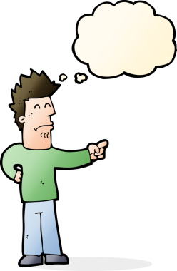 Bir insan tarafından çizilen düşünce baloncuğuyla işaret eden çizgi film adamı.