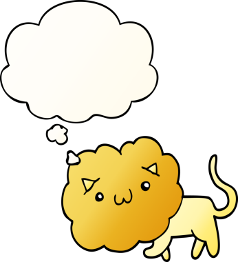 Bir insan tarafından çizilmiş yumuşak eğimli düşünce baloncuklu çizgi film aslanı.