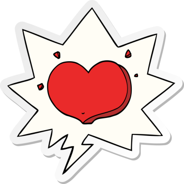 Bir insan tarafından çizilmiş konuşma kabarcığı çıkartmalı karikatür aşk kalbi.