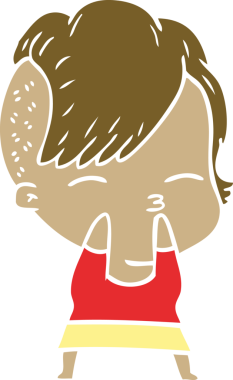 Düz renkli çizgi film çizen kız bir insan tarafından çizilmiş.