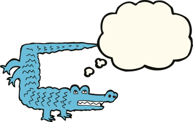 Bir insan tarafından çizilmiş düşünce baloncuklu timsah çizgi filmi.