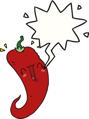 Bir insan tarafından çizilmiş konuşma balonlu kırmızı biber çizgi filmi.