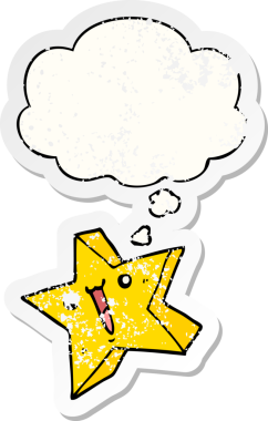 Düşünce baloncuğu olan mutlu çizgi film yıldızı insan tarafından çizilmiş yıpranmış bir çıkartma gibi.