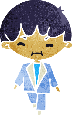 Eski çizgi film illüstrasyonu Kawaii bir insan tarafından çizilmiş takım elbiseli sevimli çocuk.