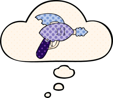 Çizgi roman tarzında bir insan tarafından çizilmiş düşünce baloncuklu bir ışın tabancası.