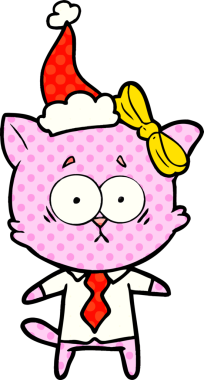 Bir insan tarafından çizilmiş Noel Baba şapkası takan bir kedinin el çizimi çizgi roman tasviri