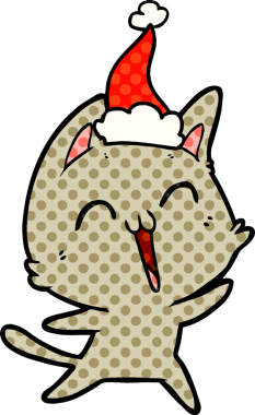 Mutlu el çizimi çizgi roman tarzı Noel Baba şapkası takan bir kedinin insan tarafından çizilmiş resmi.